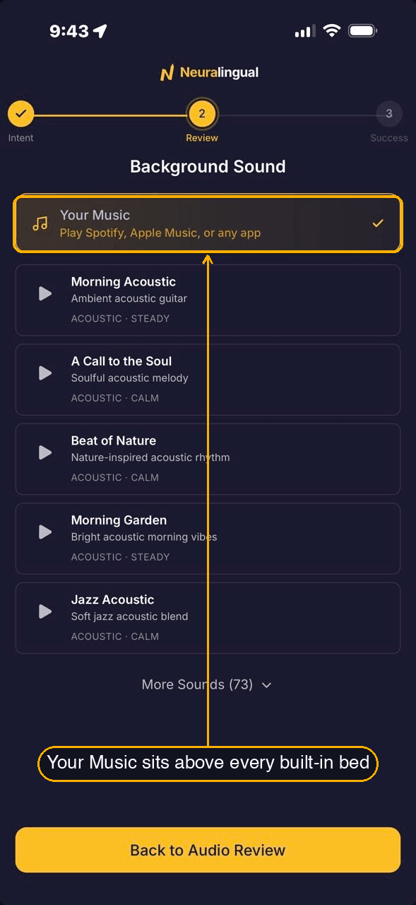 The background picker with Your Music at the top of the list, above the built-in background music.