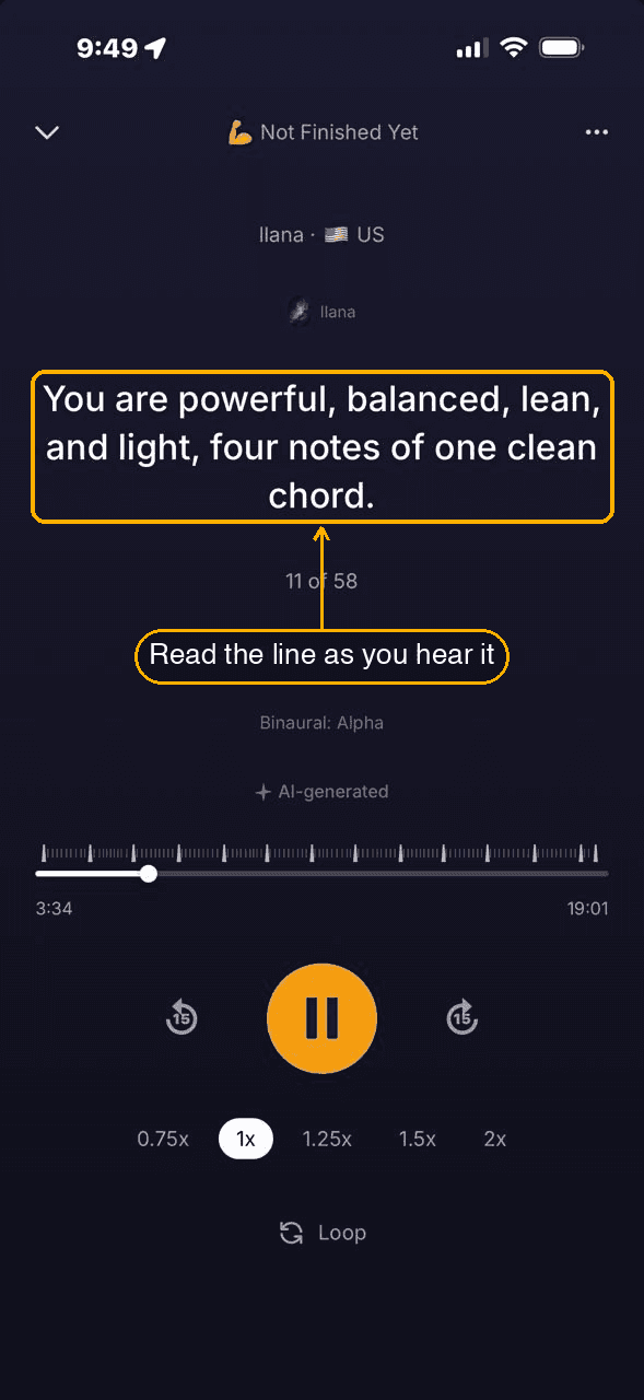 The player screen showing an affirmation on screen while the session plays.