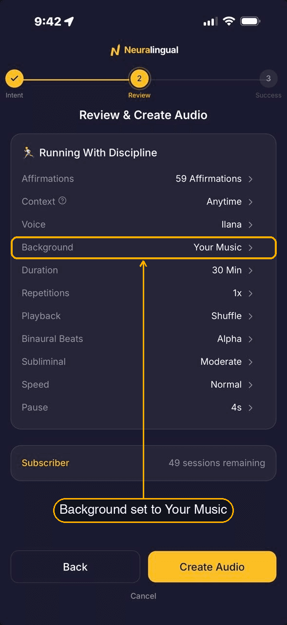 The Review & Create Audio screen with the Background row set to Your Music.